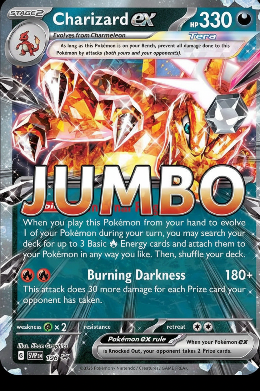 Charizard EX card with JUMBO text overlay